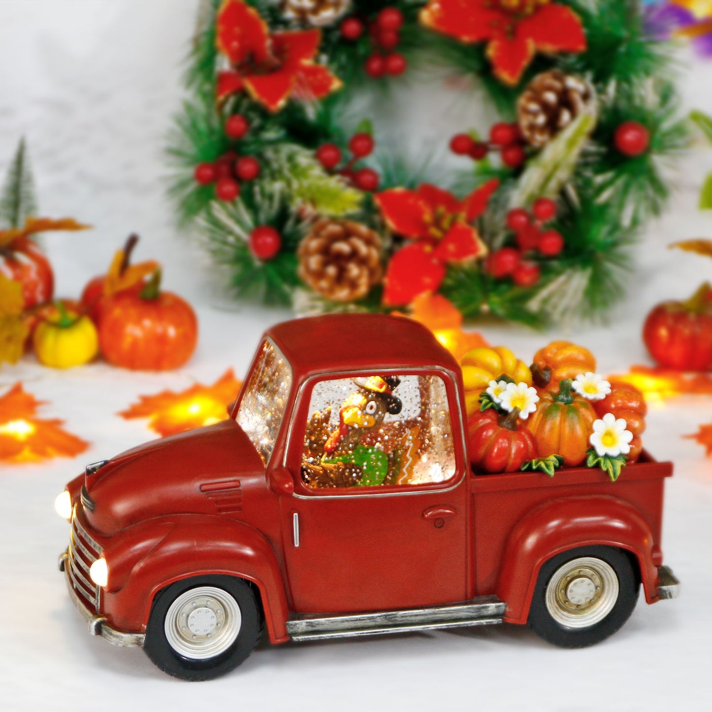 Fall Lighted Water Lantern, Turkey in Vintage Red Truck with Pumpkins for Fall Harvest Day Decor, Thanksgiving Snow Globe with Swirling Glitter
