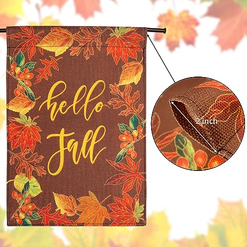 Hello Fall Garden Flags 12×18Inch Double Sided for Outside Decoration Welcome Garden Flag Farmhouse Small Seasonal Yard Flags Maple Leaf Vertica Flags for Autumn Thanksgiving Decorations