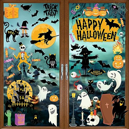 Halloween Window Clings 65 Pcs,6 Sheet Double-Sided Ghosts Halloween Decorations Removable Window Stickers for Glass Windows Decals, Kids' Room Party Home Decorations