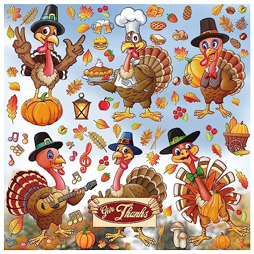 Thanksgiving Window Clings Fall Decor, 6 Sheets Fall Window Decorations for Glass Windows, Turkey Leaves Harvest Thanksgiving Fall Decorations for Home