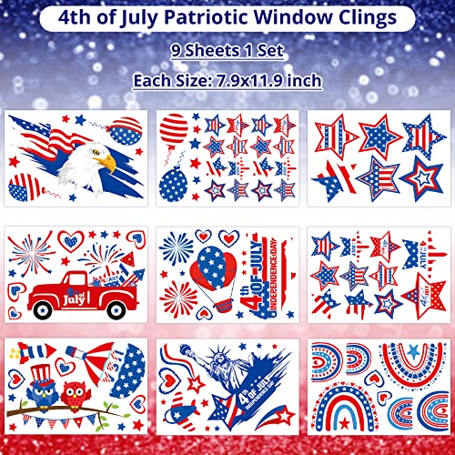 4th of July Window Clings, 9 Sheet Patriotic Red White Blue Window Decals for for 4th of July, Memorial, Patriotic Ornaments, Double-Sided