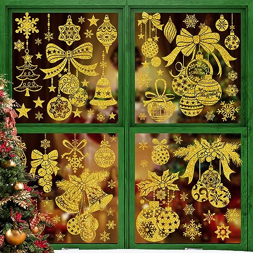 Christmas Window Clings 78 Pcs Gold Large Double-Sided Window Decoration Sparkle Snowflake Window Stickers Xmas 4 Sheet Winter Christmas Window Stickers for Glass Window for Home Kids' Stickers