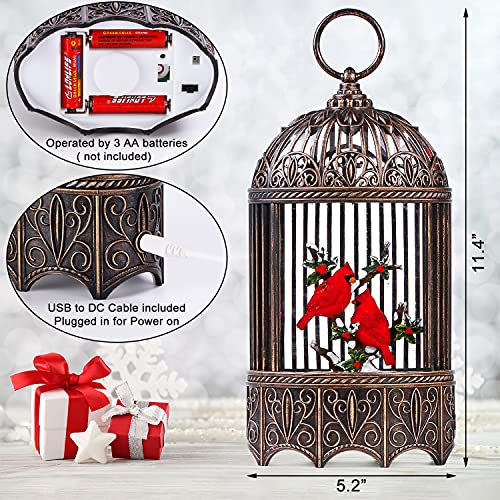 Cardinal Snow Globe, Red Bird Birdcage Christmas Decorations, Lighted Christmas Snow Globe Lantern with Swirling Glitter