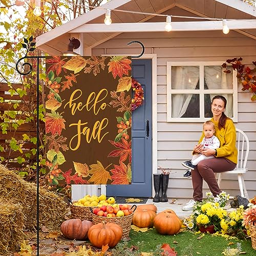 Hello Fall Garden Flags 12×18Inch Double Sided for Outside Decoration Welcome Garden Flag Farmhouse Small Seasonal Yard Flags Maple Leaf Vertica Flags for Autumn Thanksgiving Decorations