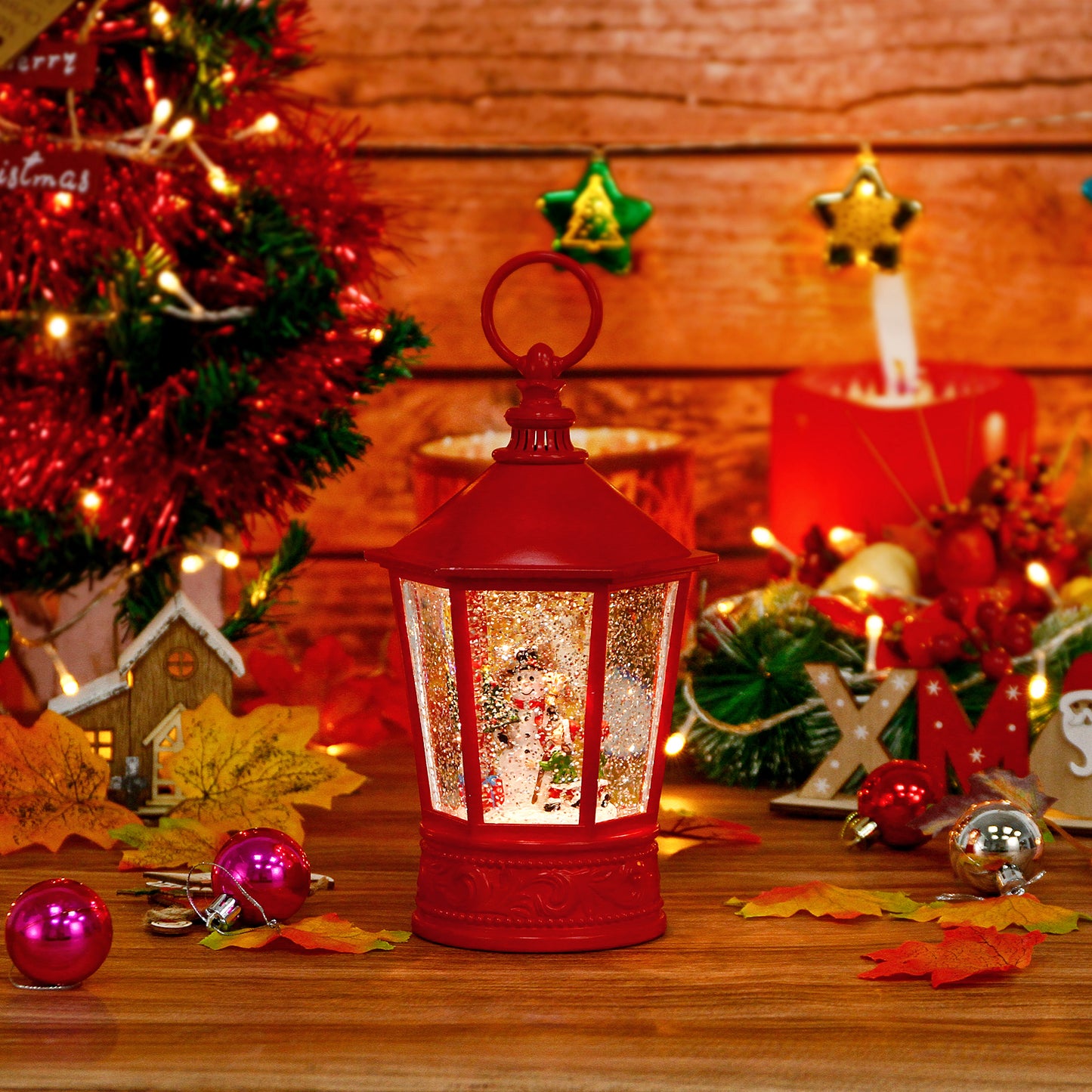 Christmas Snow Globe Lantern-Red Pavilion Shaped Lighted Water Snow Globe Lantern with 6H Timer,Battery Operated & USB Operated Music Box for Christmas Home Decoration and Gift