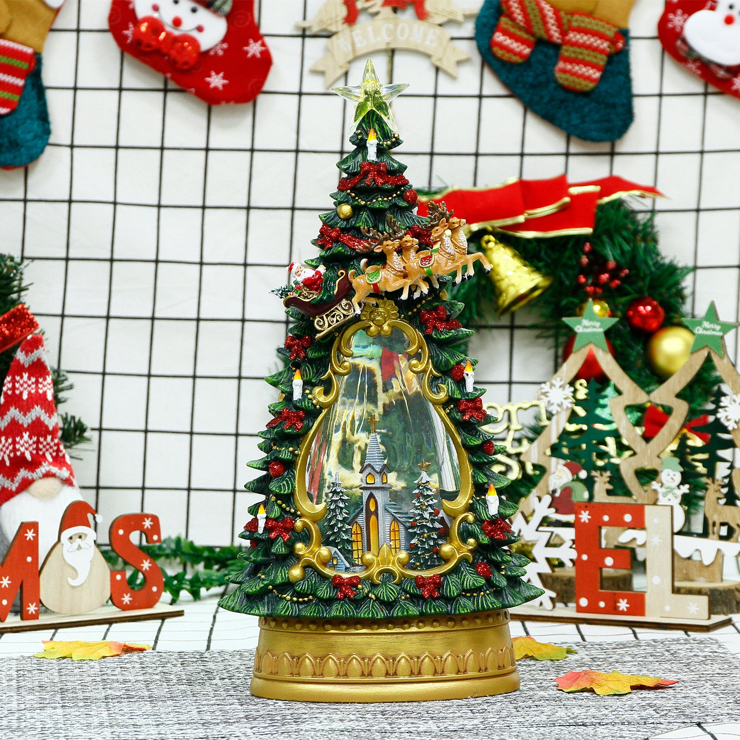 Christmas Snow Globe,Snow Globe Decorations Christian Gifts，Christmas Festival Snow Globe , with Musical Santa Claus, Christmas Tree,Churches,Water Glittering Lantern Swirling