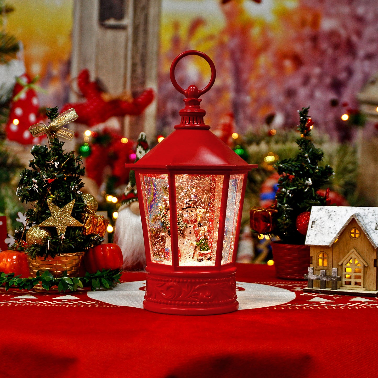 Christmas Snow Globe Lantern-Red Pavilion Shaped Lighted Water Snow Globe Lantern with 6H Timer,Battery Operated & USB Operated Music Box for Christmas Home Decoration and Gift