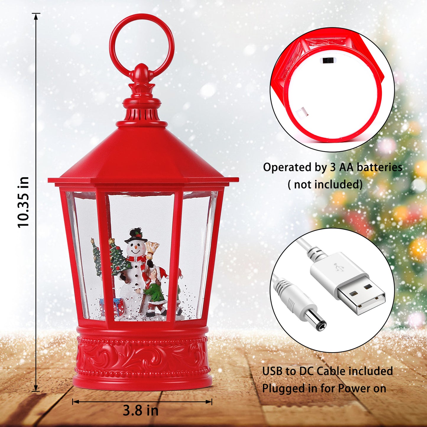 Christmas Snow Globe Lantern-Red Pavilion Shaped Lighted Water Snow Globe Lantern with 6H Timer,Battery Operated & USB Operated Music Box for Christmas Home Decoration and Gift